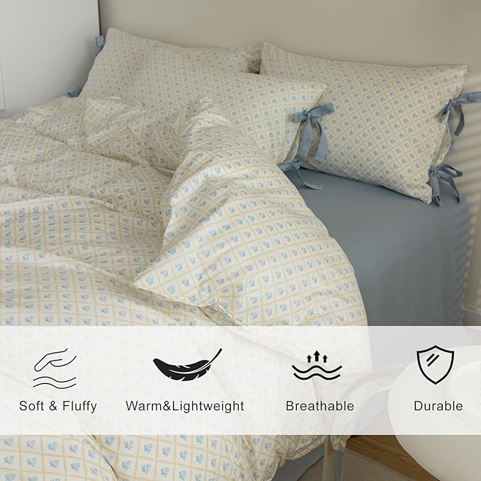 EAVD Boho Floral Comforter Set Full Soft Fluffy Microfiber Chic Shabby Blue Floral Bedding Comforter Set 1 Full Comforter and 2 Pillowcases Reversible Botanical Comforter Set for All-Season