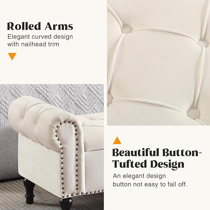 Storage Bed Bench for Bedroom, Velvet 67" End of Bed Benches, King Size Bench with Armrest, Tufted Button Upholstered Ottoman Bench for Living Room, Entryway, Cream Beige