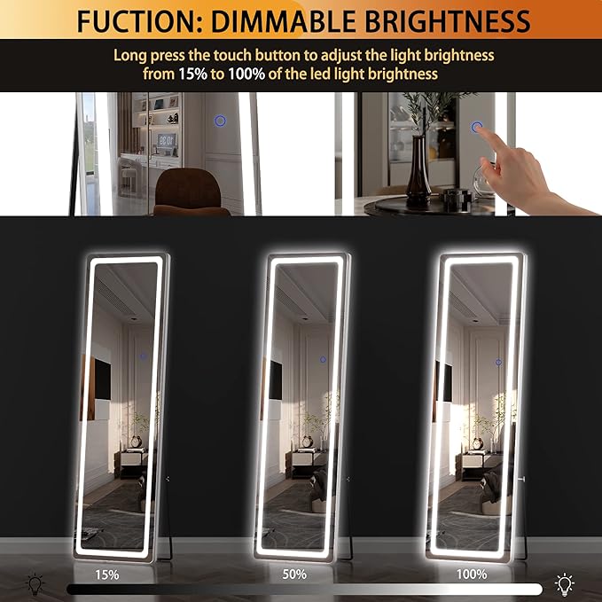 Hasipu Full Length Mirror with Lights, 56" x 16" LED Floor Mirror, Full Body Dressing Standing, Hanging Mounted Mirror for Living Room Bedroom Cloakroom, Round White
