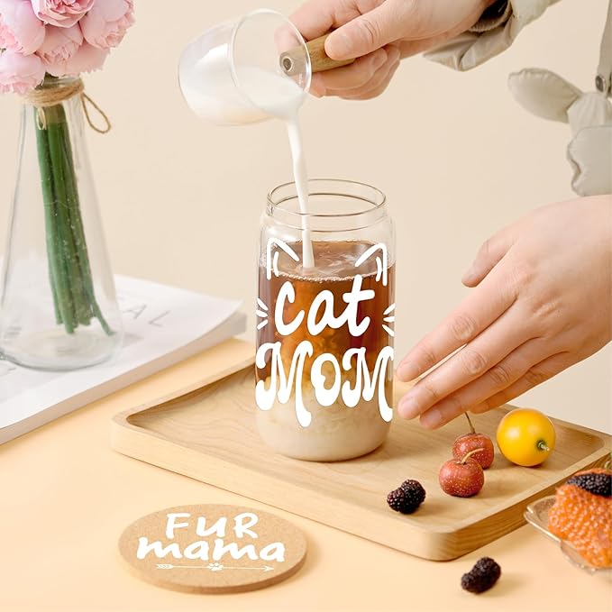 Cat Mom Gifts for Women Mothers Day Crazy Cat Lady Coffee Glass Cup with Lid Straw, Fur Lovers Owners Christmas Gifts for Daughter, Sister, Aunt, Best Friends, BFF - Including Straw Cap, Cozy Socks