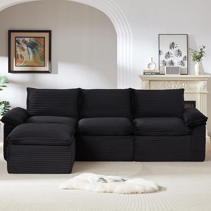 111" Cloud Sectional Couch with L-Shaped Chaise, Corduroy Sectional Sofa with Ottoman, Boneless Couch with Deep Seat in a Box for Living Room, No Assembly Required (Black)