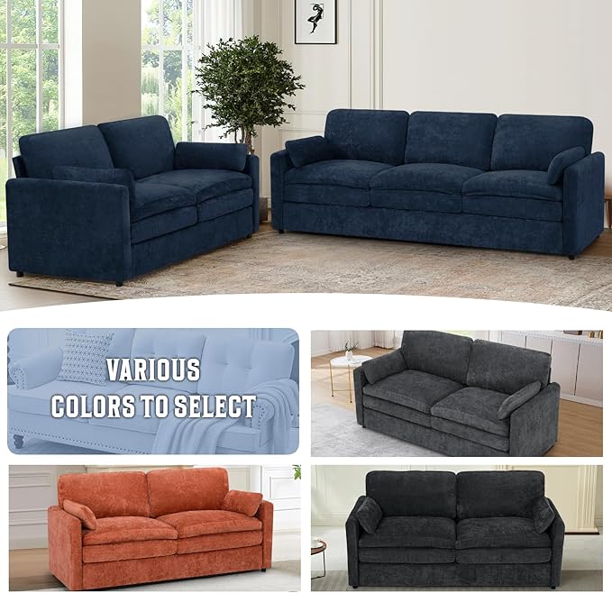 69" Chenille Modern Couch with Cozy & Soft Backrests, 2 Seats Sofa with 2 Extra Pillows, Comfy Upholstered Sofa with Thicker Cushions for Living Room, Office, Blue