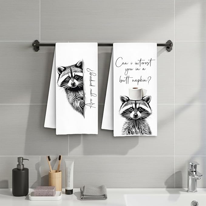 Funny Raccoon Hand Towels, Raccoon Bathroom Decor, are You Pooping Trash Panda Bears Animal Decorative Hand Towels for Bathroom Washroom Restroom Toilet, 16x24 Inch Set of 2