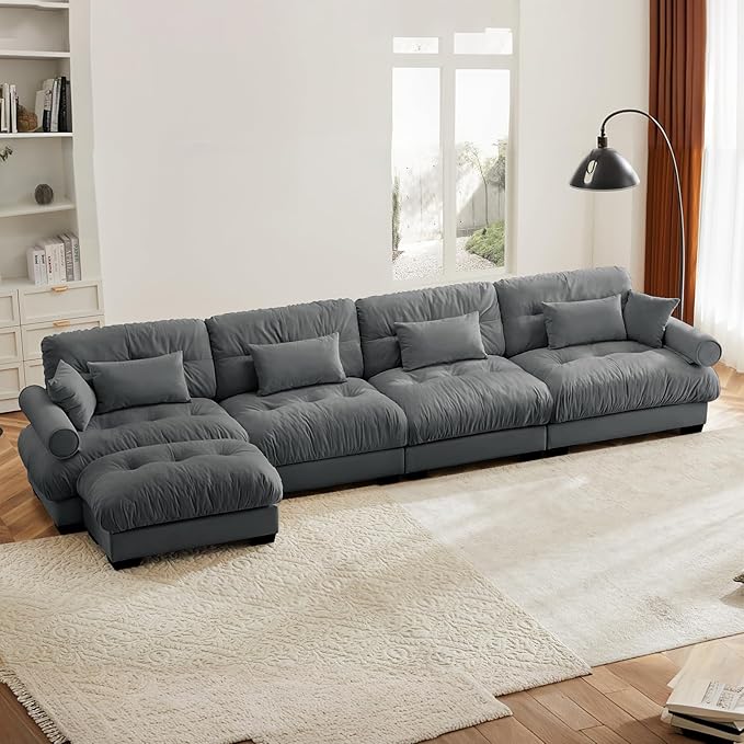 Grey Ottoman for Modular Sectional Sofa, Velvet Fabric Seat for Oversized Sectional Couches for Living Room Bedroom Apartment, Cloud Sofa Couch, Sofá para Sala