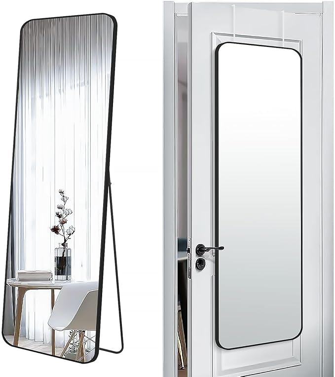 57x20 Door Hanging Full Length Mirror, Floor Stand (Height 5.7ft just Body in1.3ft) Wall Mounted Metal Frame Rectangle Dressing Mirrors for Bedroom Living Room 57 inch Black