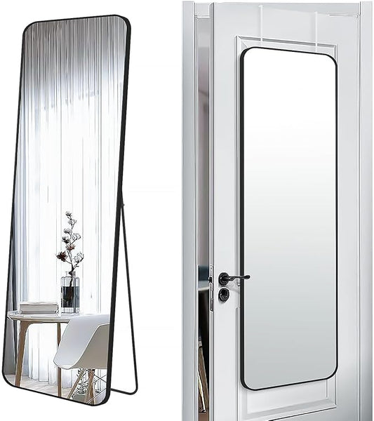 57x20 Door Hanging Full Length Mirror, Floor Stand (Height 5.7ft just Body in1.3ft) Wall Mounted Metal Frame Rectangle Dressing Mirrors for Bedroom Living Room 57 inch Black