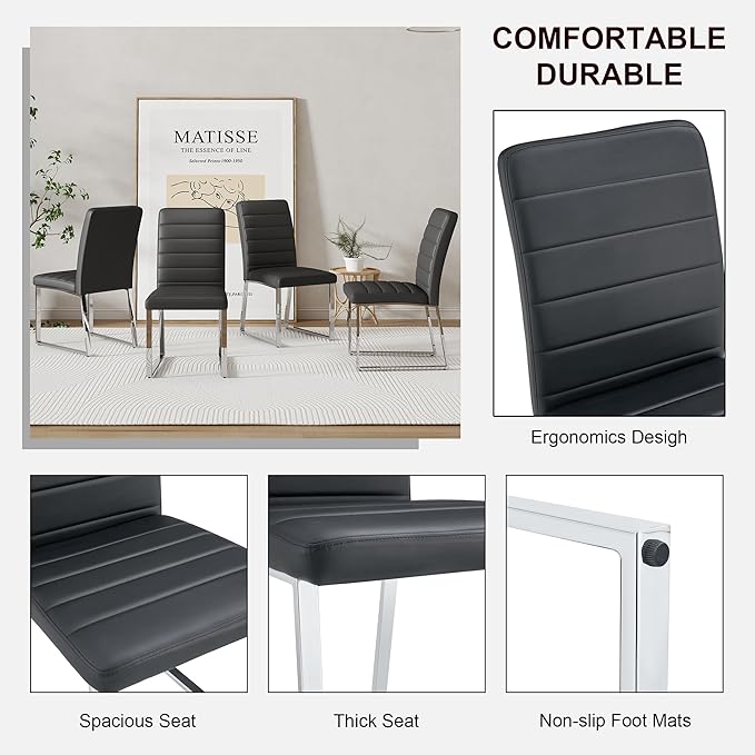 Modern Dining Chairs Set of 4, White Faux Leather Kitchen Chairs, Upholstered Armless Dining Room Chair with Gold Mental Legs Heavy Duty, Comfortable (Black Chairs, Set of 4)
