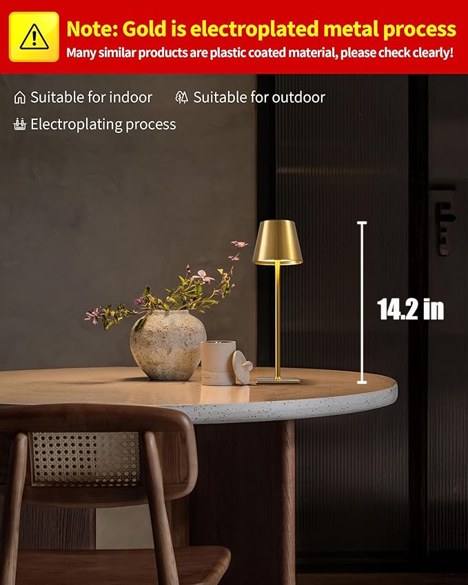 KDG 2 Pack Cordless Table Lamp,Portable LED Desk Lamp, 4000mAh Battery Operated, 3 Color Stepless Dimming Up, for Restaurant/Bedroom/Bars/Outdoor Party/Camping/Coffee Shop Night Light(Gold)