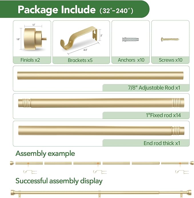 Curtain Rods for Windows 32 to 240, 1 Inch Adjustable Gold Heavy Duty Long Window Curtain Rod, Modern Outdoor Drapery Rods with Simple End Caps, Size 32"-240"