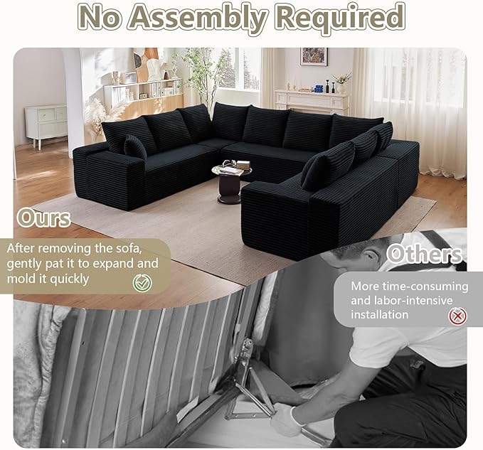 Sectional Cloud Couch for Living Room, Big Comfy Corduroy Couches Set with Fluffy Memory Foam, Modular Floor Deep-Seat Sofa, Stupendous U Shaped Sofas with 12 Pillows, No Assembly Required, Black