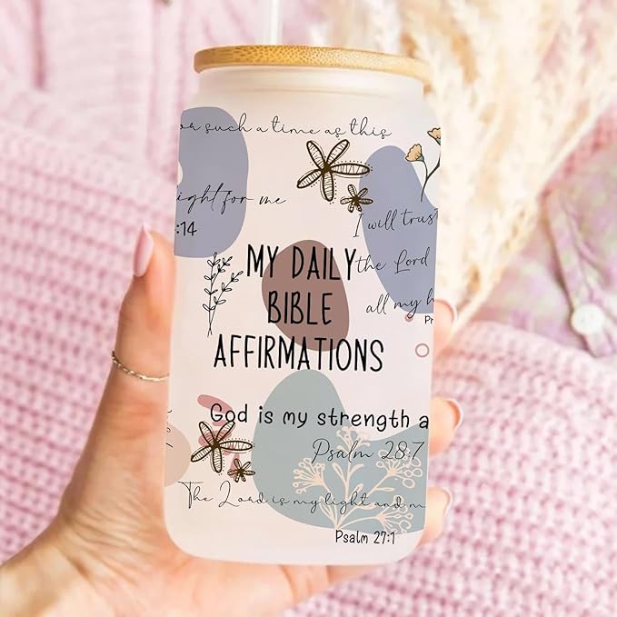 Christian Gifts for Women Friendship, 16 Oz Drinking Glass Cup With Lid and Straw, Affirmations Christian Prayer Gifts With Bible Verses, Faith Religious Gift