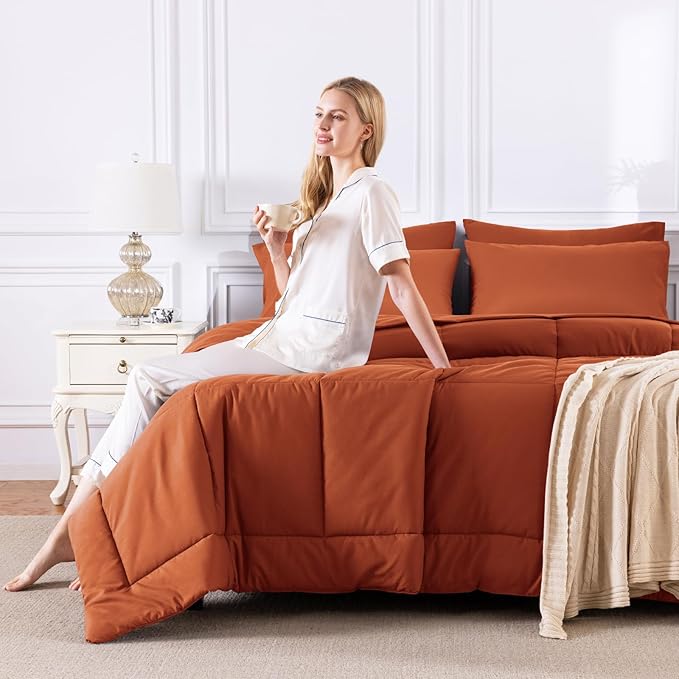 CozyLux King Size Comforter Set Terracotta, 7 Pieces Bed in a Bag, Burnt Orange Fall Comforter King Size, All Season Bedding Sets with Stitch Quilted Comforter, Flat Sheet, Fitted Sheet, Pillowcases