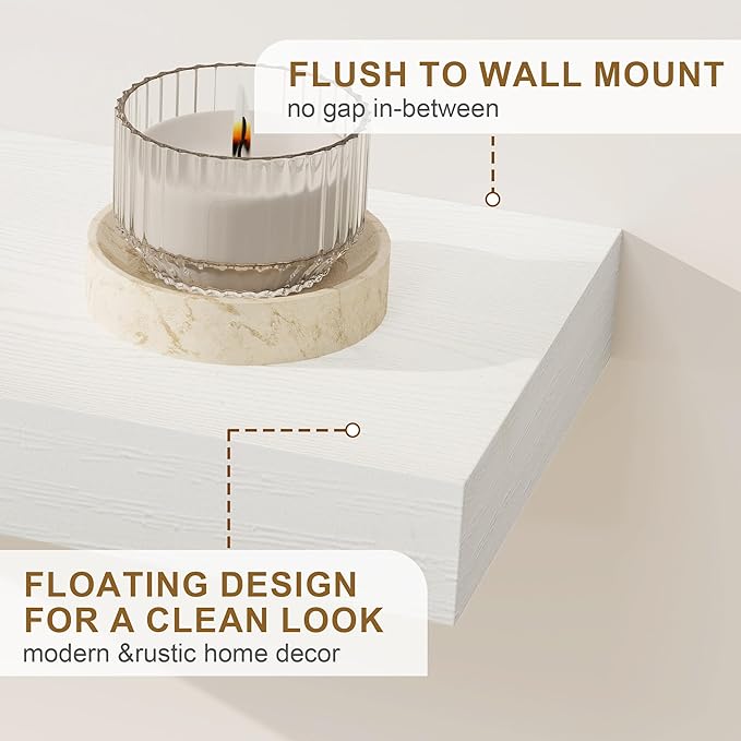 Fun Memories 72Inch Floating Shelves,Wall Mounted Rustic Wood Floating Shelf with Invisible Brackets for Storage & Decor,2 Pack Shelves for Bathroom,Bedroom and Kitchen,White
