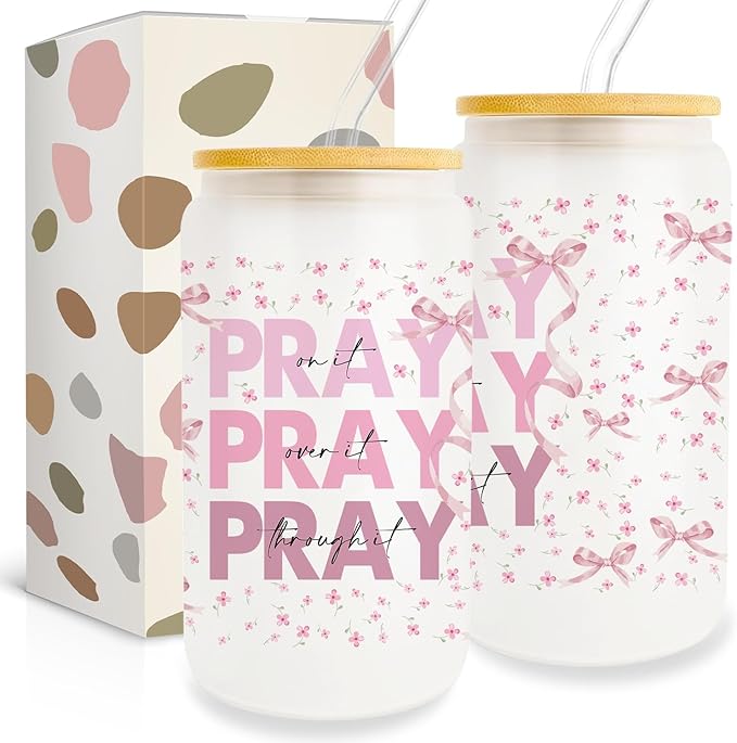 Pray on It Pray over It Pray Through It Prayer Glass Cup 16oz Christian Gifts for Women Inspirational Gifts for Women Cancer Care Gifts for Women Get Well Gifts for Women