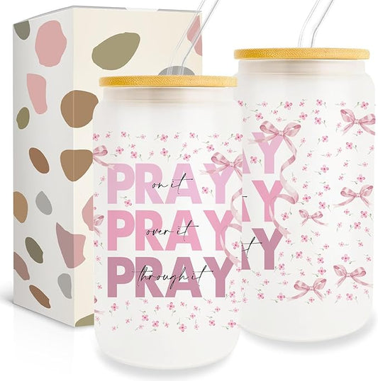 Pray on It Pray over It Pray Through It Prayer Glass Cup 16oz Christian Gifts for Women Inspirational Gifts for Women Cancer Care Gifts for Women Get Well Gifts for Women