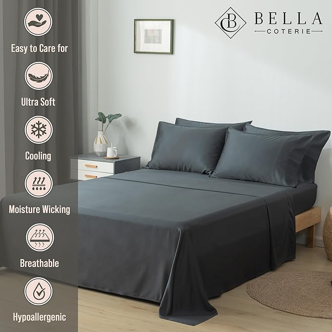 Bella Coterie 6 Piece Luxury Bamboo Viscose California King Size Sheet Set | 100% Organically Grown | Cooling for Hot Sleepers | 18" Deep Pocket | Soft & Hypoallergenic | 4 Pillowcases [Charcoal Grey]
