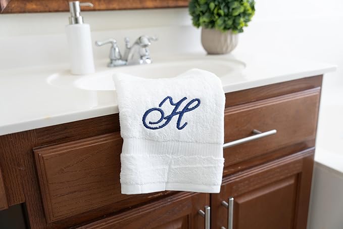 White Monogrammed Hand Towels for Bathroom - Luxury Hotel Quality Personalized Initial Embroidered Towel for Powder Room, Spa - GOTS Organic Certified - Pack of 2 Navy, Letter H