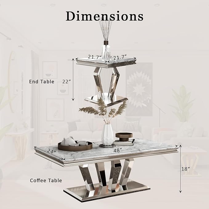 Living Room Table Set, 3-Piece Table Set Includes Coffee Table & 2 End Tables, Gray and Silver Coffee Table Set for Home Apartment Office