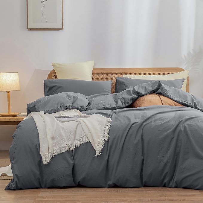 BESTOUCH Duvet Cover Set 100% Washed Cotton Linen Feel Super Soft Comfortable Chic Lightweight 3 PCs Home Bedding Set Solid Quiet Shade Grey Super King
