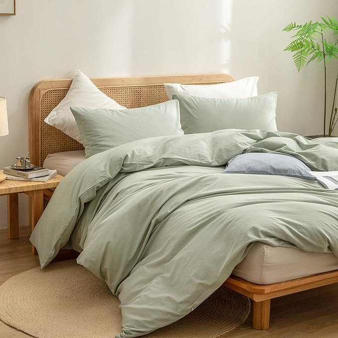 BESTOUCH Duvet Cover Set 100% Washed Cotton Linen Feel Super Soft Comfortable Chic Lightweight 3 PCs Home Bedding Set Solid Sage Green Cal King