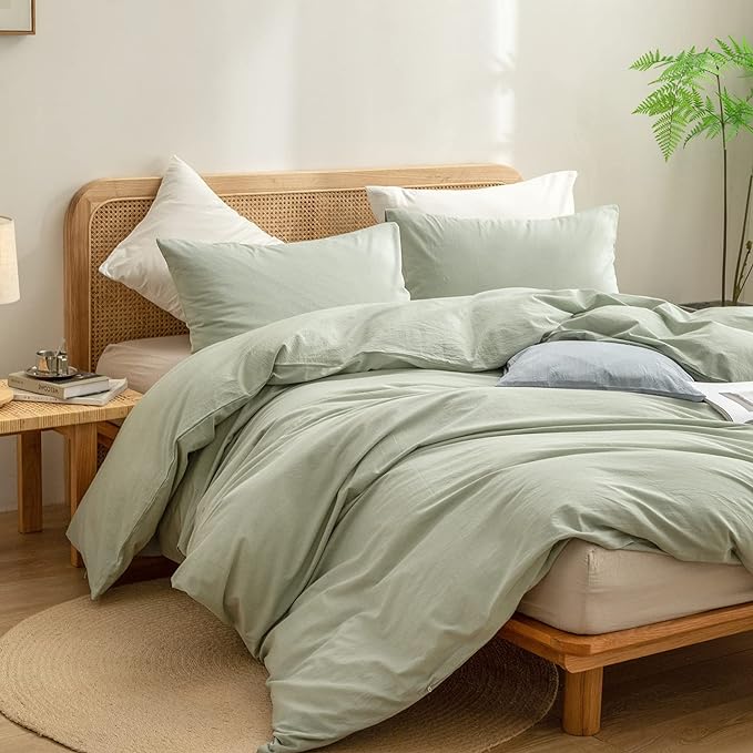 BESTOUCH Duvet Cover Set 100% Washed Cotton Linen Feel Super Soft Comfortable Chic Lightweight 3 PCs Home Bedding Set Solid Sage Green Super King