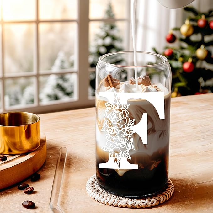 Christmas Gifts for Women: Initial Glass Cup as Office Graduation Memorial Holiday Personalized Gifts - for Mom Grandma Wife Girlfriend Sister Daughter Friend Christmas Gifts - F Aesthetic Cup