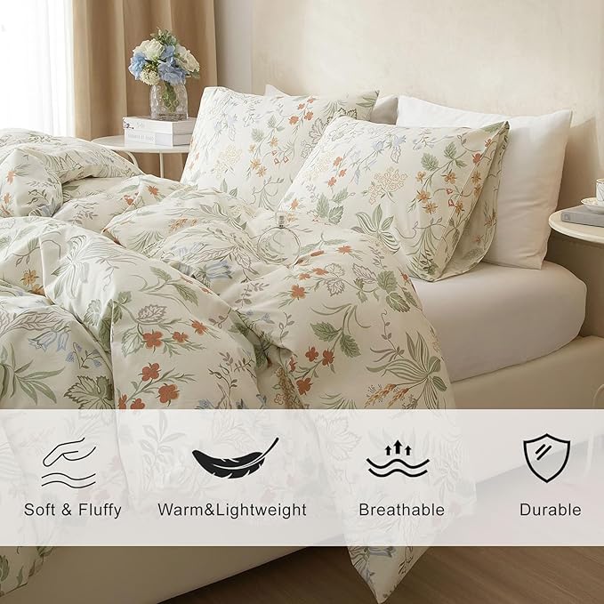 EAVD Vintage Style Garden Floral Comforter Set Full White Microfiber Chic Floral Leaves Cottagecore Bedding Set with 2 Pillowcases Reversible Botanical Aesthetic Comforter for All-Season