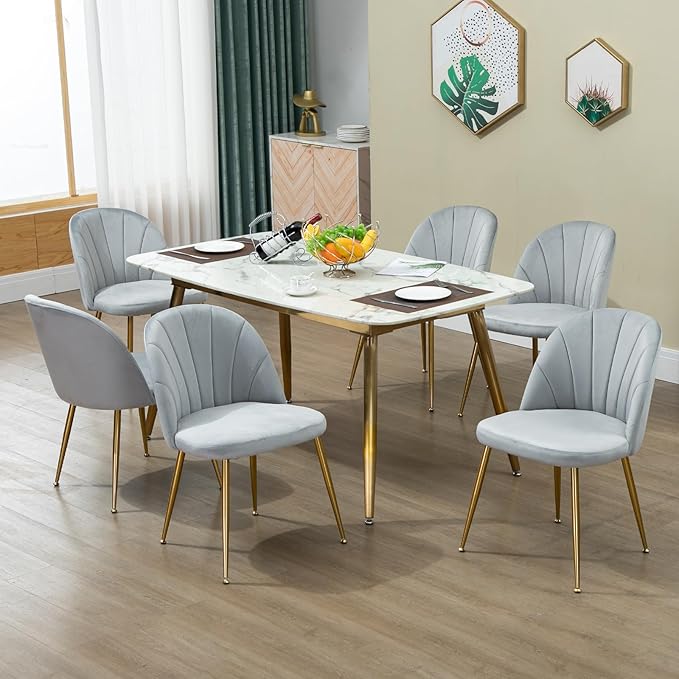 Velvet Dining Chairs Set of 4, Upholstered Mid Century Modern Dining Chairs, Armless Accent Chair with Metal Gold Legs for Living Room, Kitchen, Dining Room, Grey