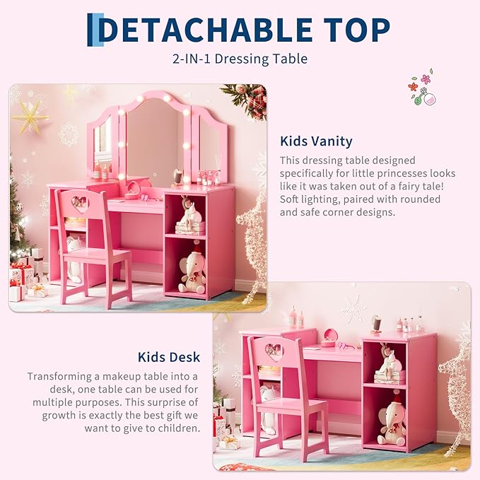 Kids Vanity Table, Princess Makeup Desk & Chair Set with touch Light Detachable Tri-Folding Mirror, Open Storage Shelves, Wooden Girls Vanity Dressing Table, Pretend Play Vanity Set for Toddler
