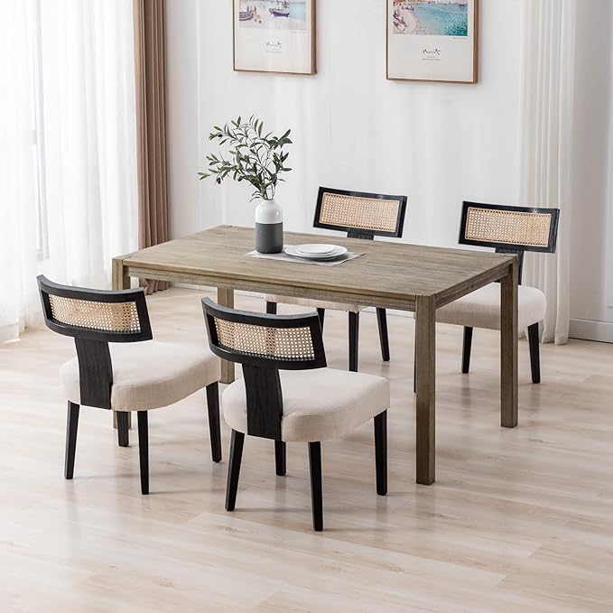 Rattan Dining Chairs Set of 4, Modern Dining Chair, Kitchen Dining Room Chair, Curved Cane Back Upholstered Linen Fabric Dining Chairs with Black Wood Frame, Beige