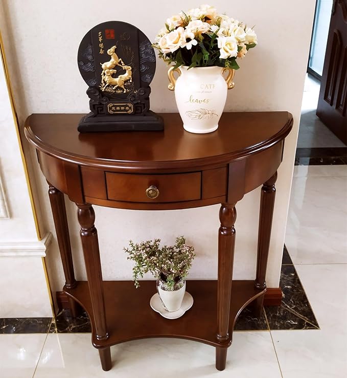 Solid Wood Console Table with Drawer, Semi-Circle Entryway Storage Shelf, Half-Moon Porch Table Side Elegant Vintage Sofa for Living Room (Walnut-Colored (35.4" L x 15.0" W x 34.4" H))