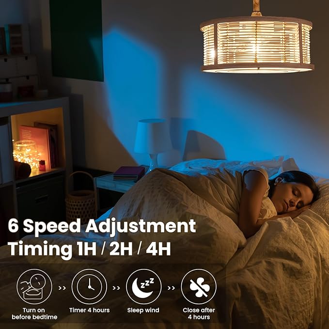 hummingbird 20 Inch Rattan Caged Ceiling Fan with Light, Boho White Fandelier Ceiling Fan with Lights and Remote, Enclosed 6 Speed for Bedroom Kitchen Dining Room
