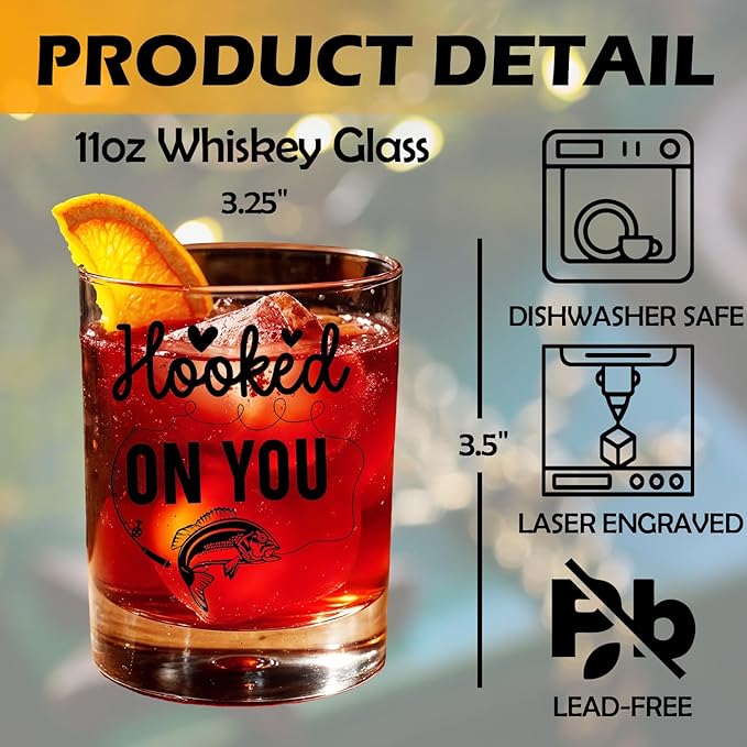 Fishing Lovers Gifts Old Fashioned Whiskey Glasses, Fishing Gifts for Couples, Hooked On You 10 oz Rocks Barware Cup for Cocktail Drinks Scotch Bourbon Liquor
