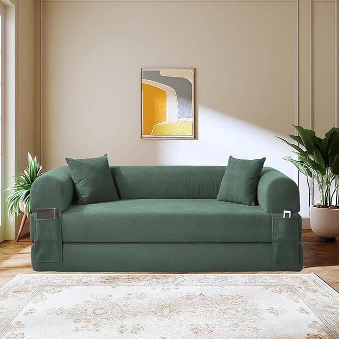 Convertible Folding Sofa Bed,80" Pull Out Couch with Pillows & Storage Pocket,Modular Futon Bed Corduroy Queen Sleeper Sofa in a Box,Compression Boneless Couch for Living Room,Light Green