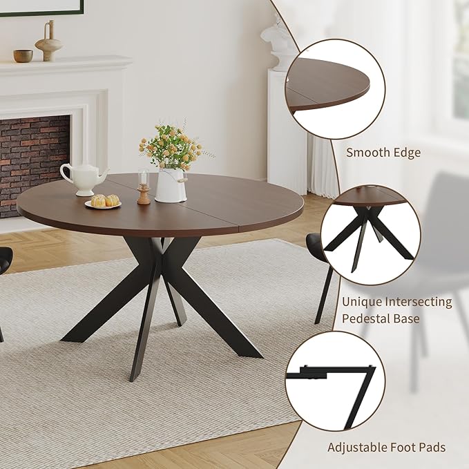 Walnut Round Dining Table Set for 4, Mid-Century Modern Kitchen Table and Chairs, Small Space Dining Room Furniture for Apartment, Breakfast Nook or Studio (Walnut Wood-Dining Table Only)