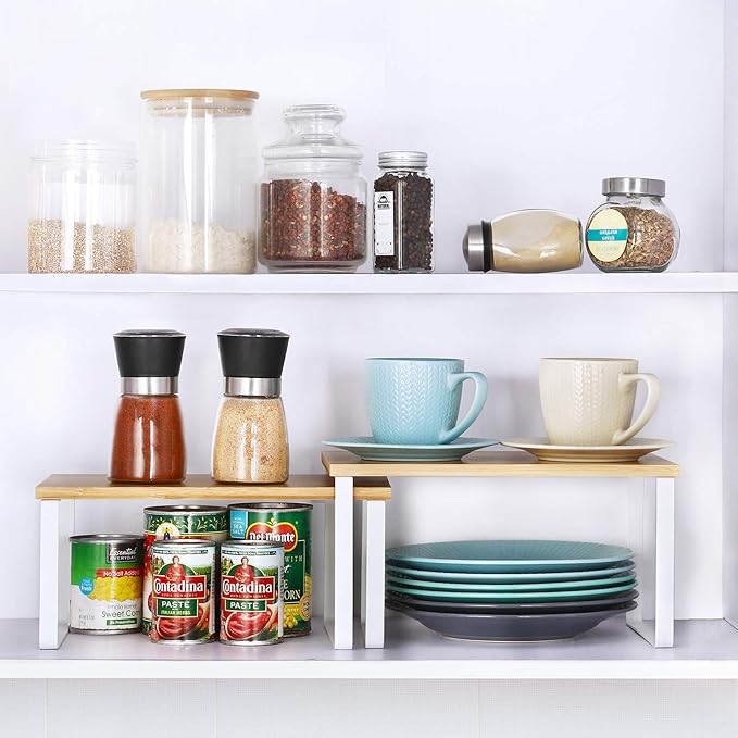 NEX Bamboo Kitchen Cabinet and Counter Shelf Organizer, Stackable & Expandable, Set of 4, White and Natural