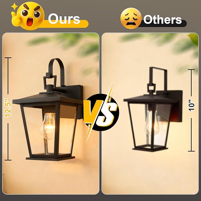 Kalium Outdoor Wall Lantern 2 Pack, Waterproof Exterior Wall Mount Light with Clear Glass in Black Finish, Porch Outside Lighting for Entryway, Backyard, Patio, E26 Base, Clear Glass 12.5 in