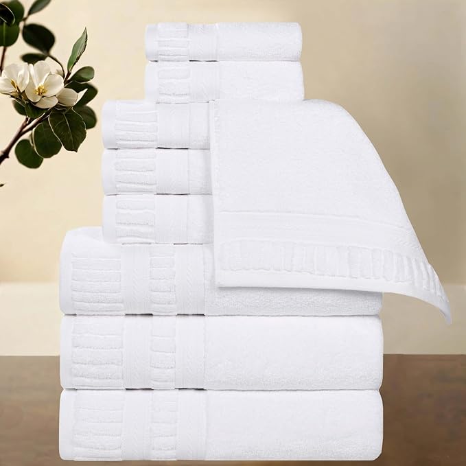 Superior Venice Zero Twist Cotton Medium Weight Towels, for Guest Bath, Bathroom, Shower, Spa, Plush Towels, Bath Essentials, Ribbed Textured Border, 9 Piece Assorted Towel Set, White