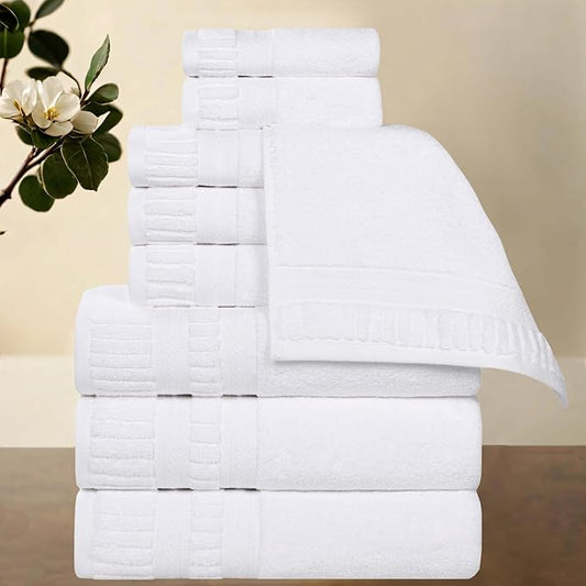 Superior Venice Zero Twist Cotton Medium Weight Towels, for Guest Bath, Bathroom, Shower, Spa, Plush Towels, Bath Essentials, Ribbed Textured Border, 9 Piece Assorted Towel Set, White