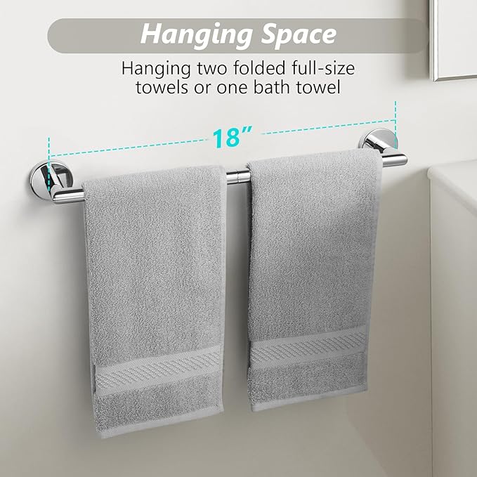 Chrome Towel Bar 18 Inch Bathroom Towel Racks Wall Mounted Bath Towel Holder Modern Home Decor Towel Rod Towel Hanger Stainless Steel Bathroom Accessories Towel Rail Single Towel Bars Polished Chrome