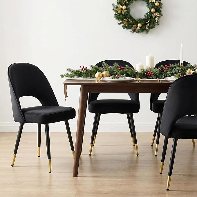 LukeAlon Mid Century Modern Dining Chairs Set of 2, Velvet Upholstered Open Back Kitchen Chairs with Gold Metal Legs, Armless Side Chairs for Dining Room, Living Room, Luxurious Black