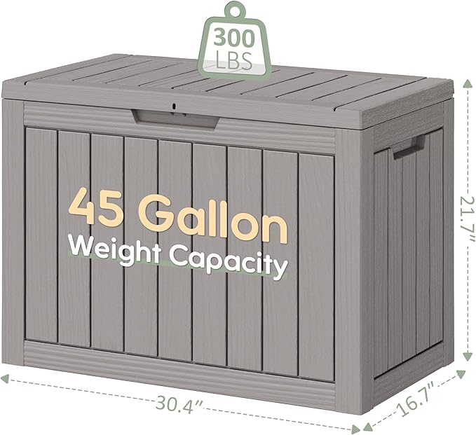 Outdoor Storage Box, Weather-Resistant Resin Deck Box for Patio, Balcony, Poolside, Holds Garden Tools & Cushions (45 Gallon, Gray)