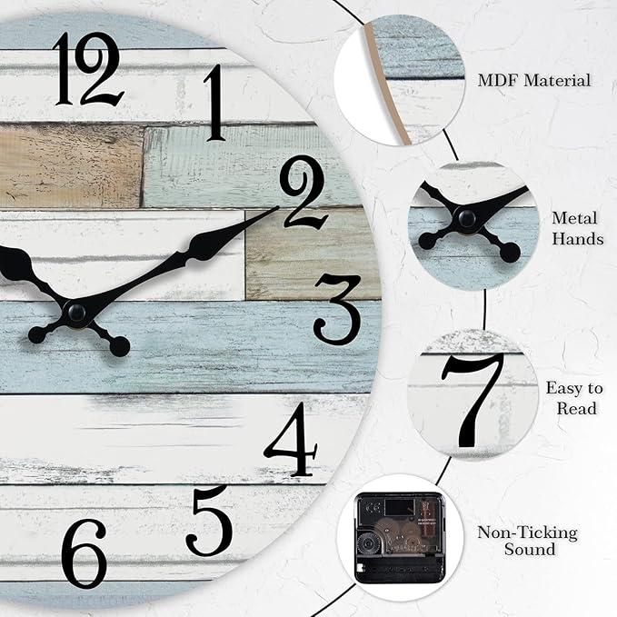 Wall Clock Battery Operated 10 Inch Silent Non Ticking Coastal Design Country Rustic Retro Decorative for Bathroom Kitchen Living Room Bedroom