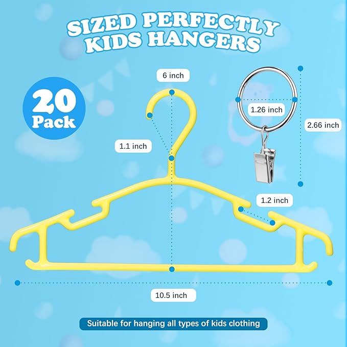 Baby Hangers with Metal Ring Clips, Children Plastic Hanger for Kids Pants Clothes Closet, 20 Pack, Yellow