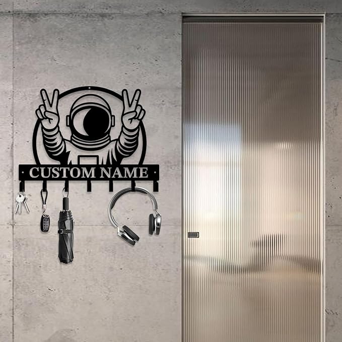 Personalized Custom Astronaut UFO Metal Wall Keys Hooks,Clothes Hooks Astronaut Art coat racks,door holder,Black Astronaut decorations for home,Entrance doors,Hallway, Bedroom,Keys,Hats (Style I)