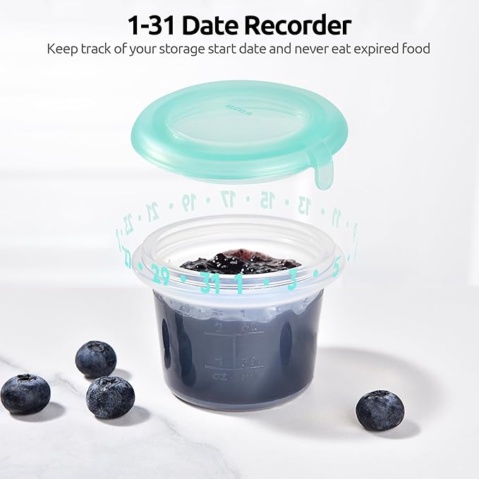 U-Taste 2oz×2 Silicone Food Containers Set: Mini Kitchen Storage with Airtight Lid, Freezer & Microwave Safe, Dip Box with Date Marking Circle, Clear Stackable for Nut, Sauce, Condiment (Aqua Sky)
