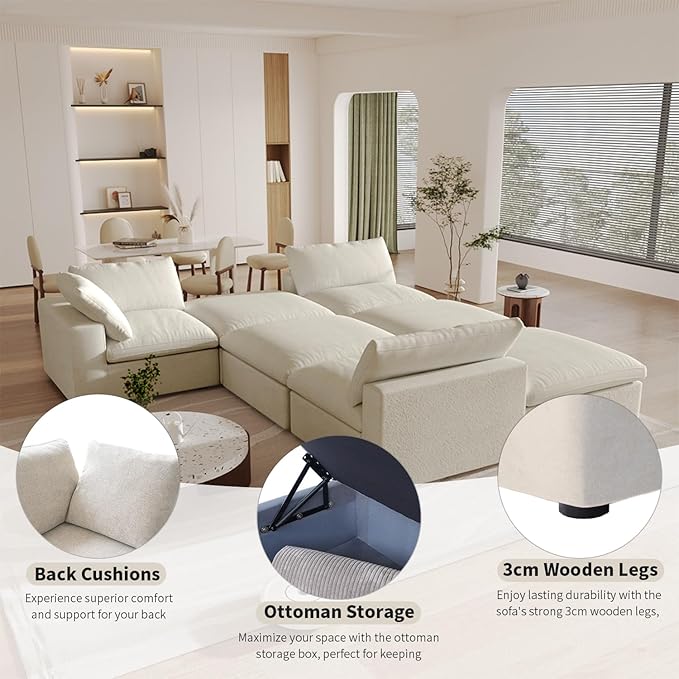 Cloud Couch Modular Sectional Sofa with 2 Storage Ottomans,160.6" U Shaped Couch,Minimalist 6 Seater Wide Deep Seat Convertible Couches, Covers Washable&Replaceable,Khkai