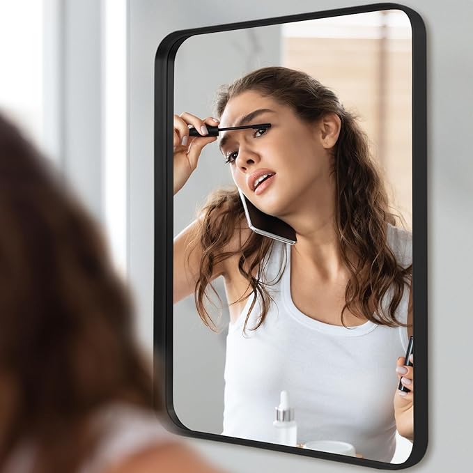 Wall Mirror 22" x 30" for Bathroom Black Metal Deep Frame Mirror for Wall Decorative Rectangular Round Corner Wall Mounted Vanity Mirror for Bedroom Entryway Living Room Wall Decor