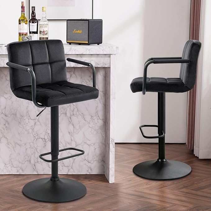 Furnimart Adjustable Bar Stool Swivel Barstools Set of 2 Counter Stools with Armrest and Footrest Upholstered Bar Chairs for Kitchen and Dining Room (Velvet-Black)