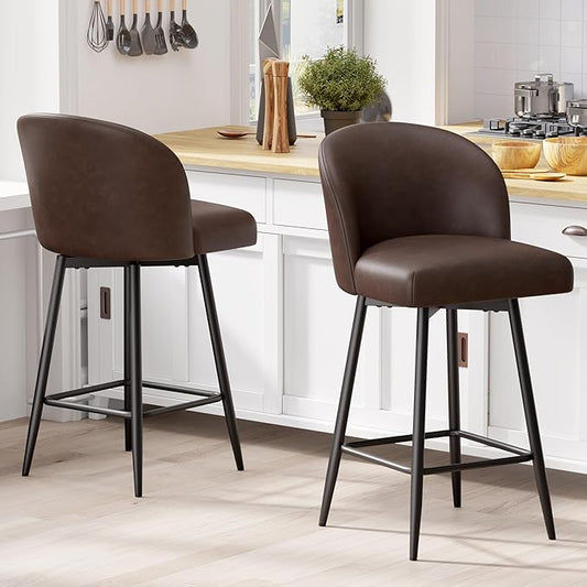 Counter Height Bar Stools Set of 2,360° Swivel Barstools with High Back and Metal Legs,26" Seat Height, Upholstered PU Leather Bar Chairs for Kitchen Island, Dining Room,Cafes,Black Brown